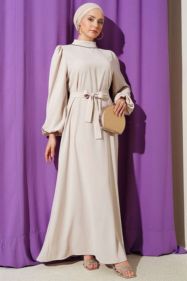 Embellished Neckline Balloon Sleeve Evening Dress