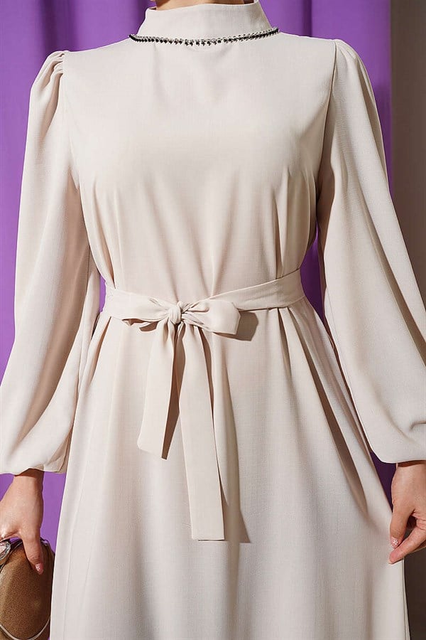 Embellished Neckline Balloon Sleeve Evening Dress