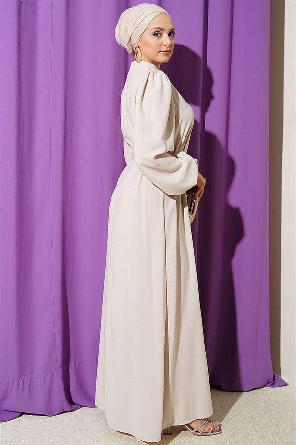 Embellished Neckline Balloon Sleeve Evening Dress