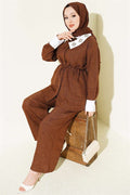 2 Piece Set with Embellished Collar and Hidden Buttons, Coffee Brown