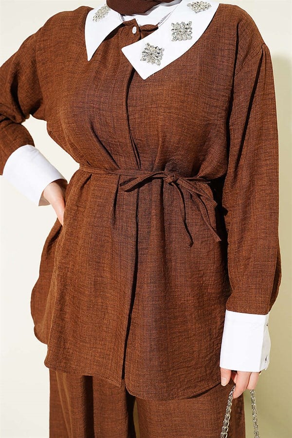 2 Piece Set with Embellished Collar and Hidden Buttons, Coffee Brown