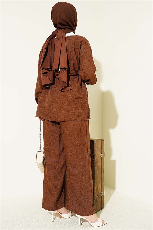2 Piece Set with Embellished Collar and Hidden Buttons, Coffee Brown