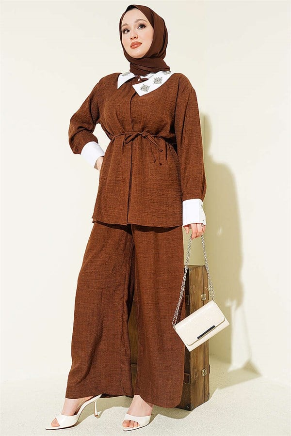 2 Piece Set with Embellished Collar and Hidden Buttons, Coffee Brown