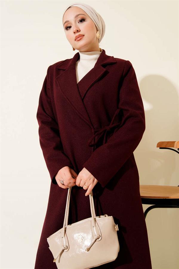 Side Laced Cashmere Coat Burgundy