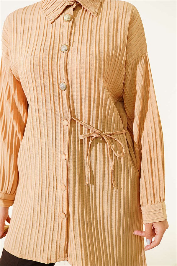 Side-Tie Vertical Striped Shirt, Beige