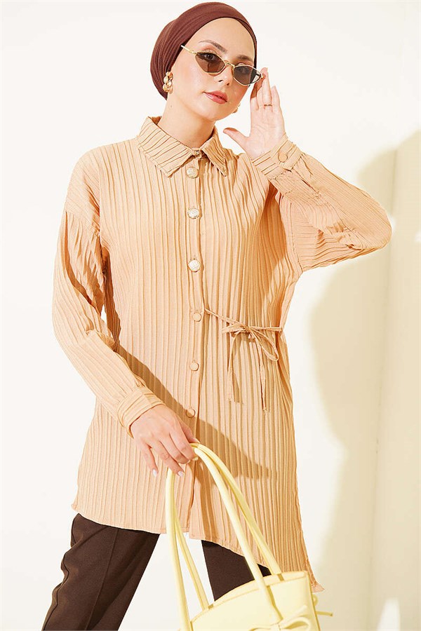 Side-Tie Vertical Striped Shirt, Beige