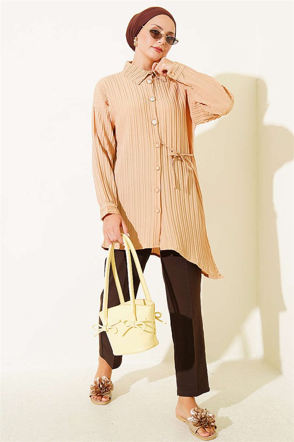 Side-Tie Vertical Striped Shirt, Beige