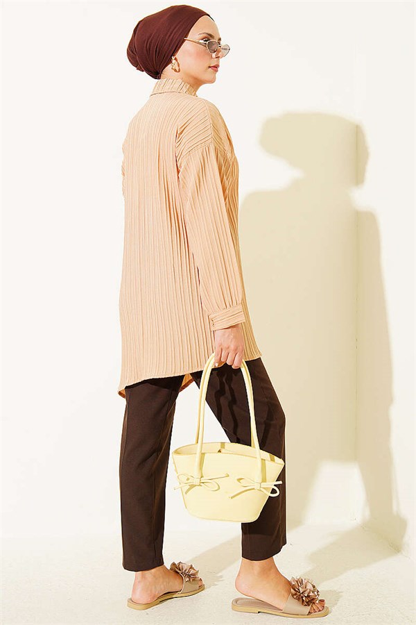 Side-Tie Vertical Striped Shirt, Beige