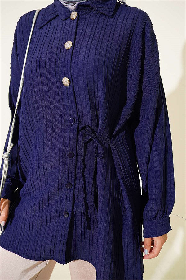 Side-Tie Vertical Striped Shirt, Navy Blue
