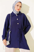 Side-Tie Vertical Striped Shirt, Navy Blue