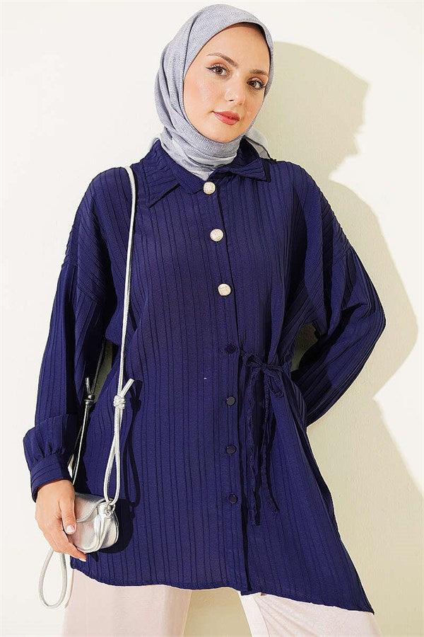 Side-Tie Vertical Striped Shirt, Navy Blue