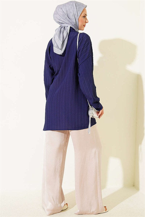 Side-Tie Vertical Striped Shirt, Navy Blue
