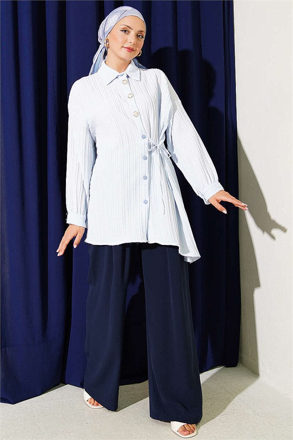 Side-Tie Vertical Striped Shirt, Blue
