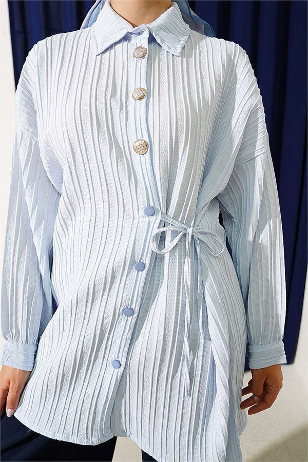 Side-Tie Vertical Striped Shirt, Blue