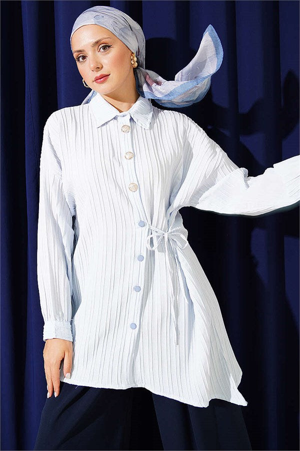 Side-Tie Vertical Striped Shirt, Blue