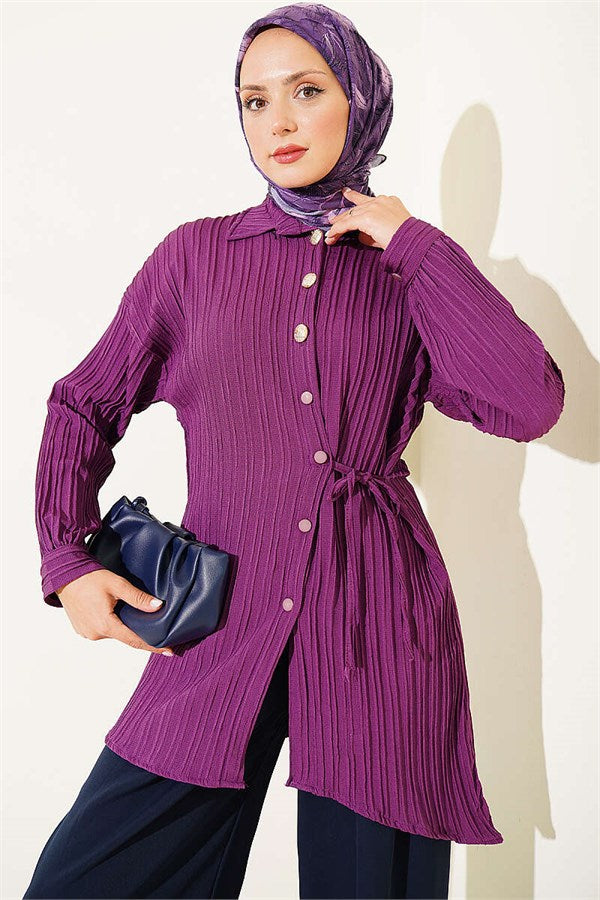 Side-Tie Vertical Striped Shirt, Purple