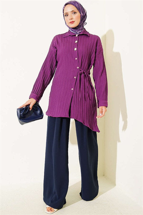 Side-Tie Vertical Striped Shirt, Purple