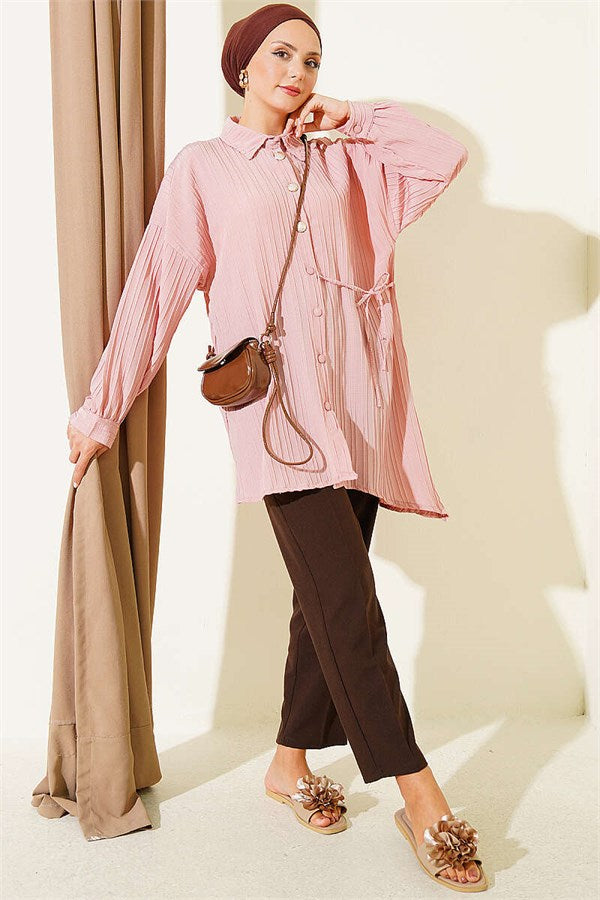 Side-Tie Vertical Striped Shirt, Powder Pink