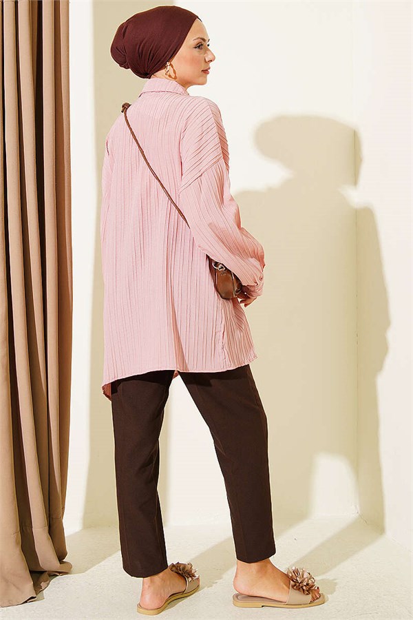 Side-Tie Vertical Striped Shirt, Powder Pink