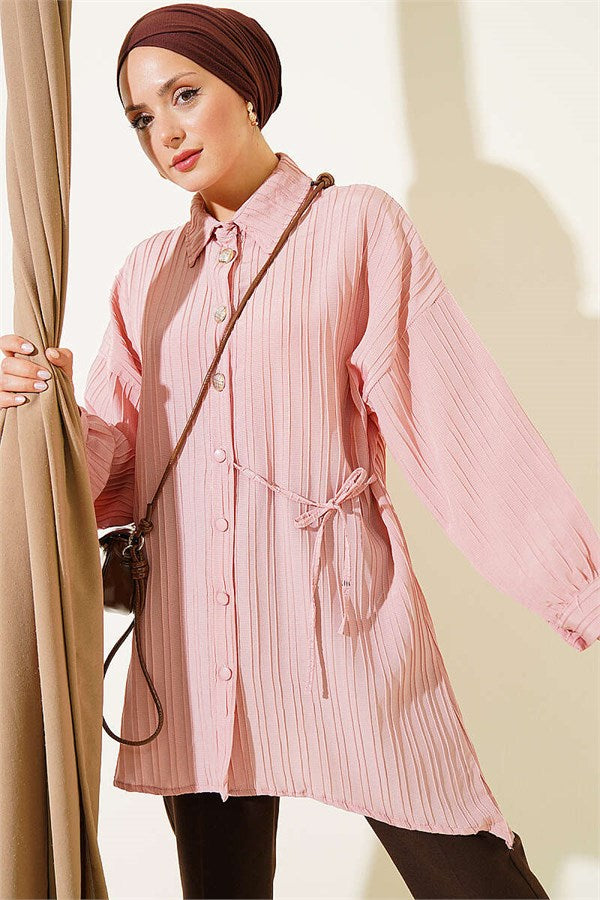 Side-Tie Vertical Striped Shirt, Powder Pink
