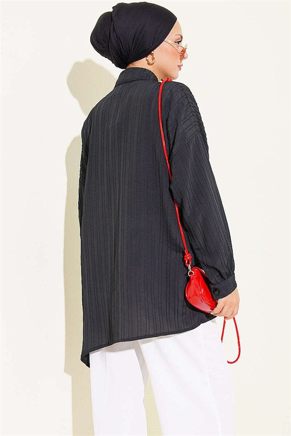 Side-Tie Vertical Striped Shirt, Black