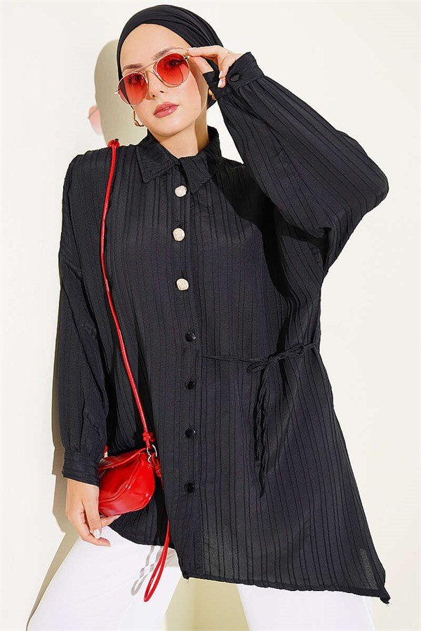 Side-Tie Vertical Striped Shirt, Black