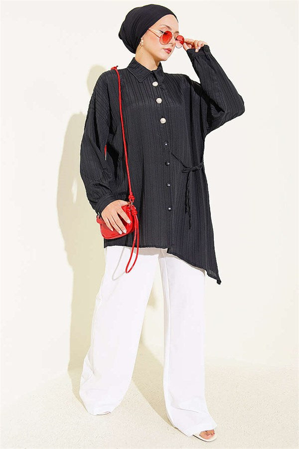 Side-Tie Vertical Striped Shirt, Black