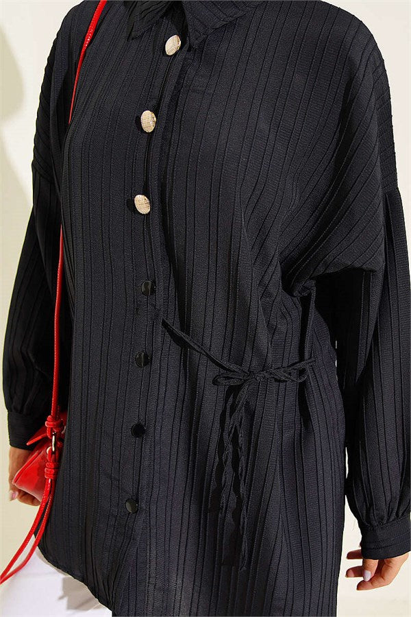Side-Tie Vertical Striped Shirt, Black