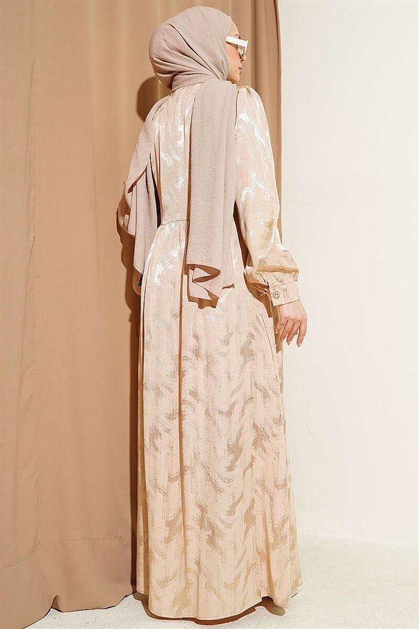 Side-Tie Buttoned Jacquard Dress, Beige