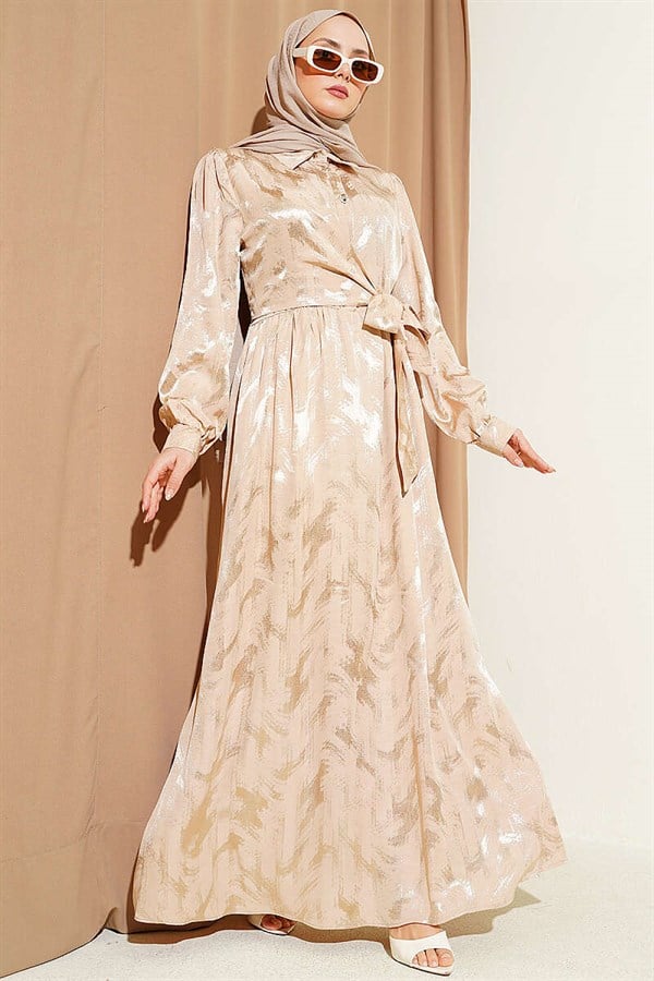 Side-Tie Buttoned Jacquard Dress, Beige