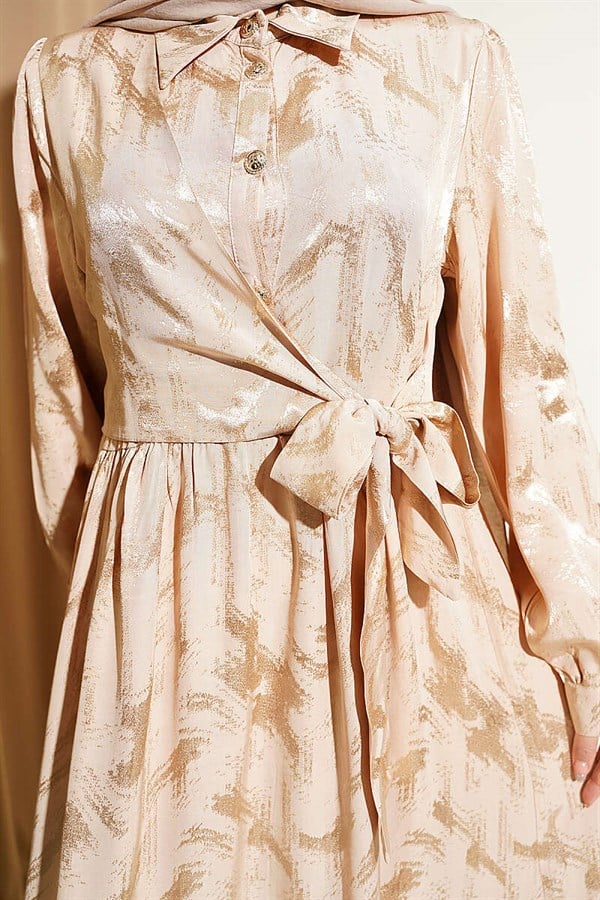 Side-Tie Buttoned Jacquard Dress, Beige