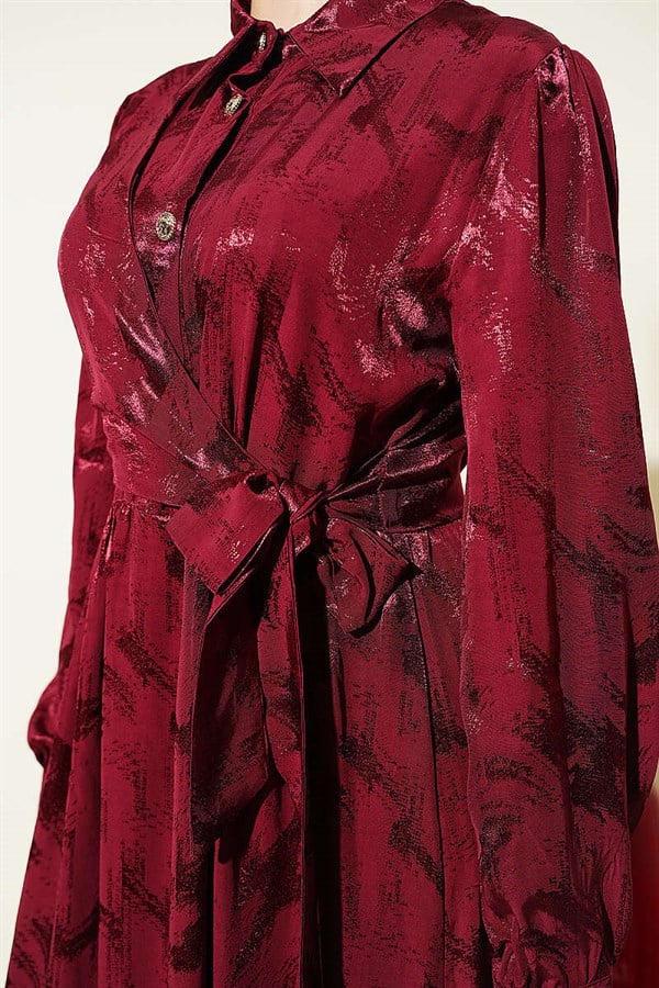 Side-Tie Buttoned Jacquard Dress, Burgundy