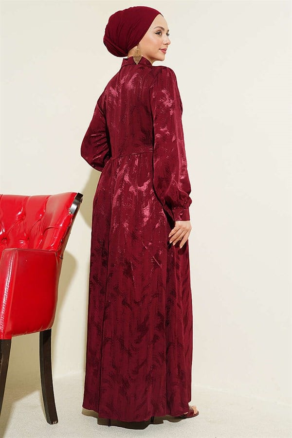Side-Tie Buttoned Jacquard Dress, Burgundy