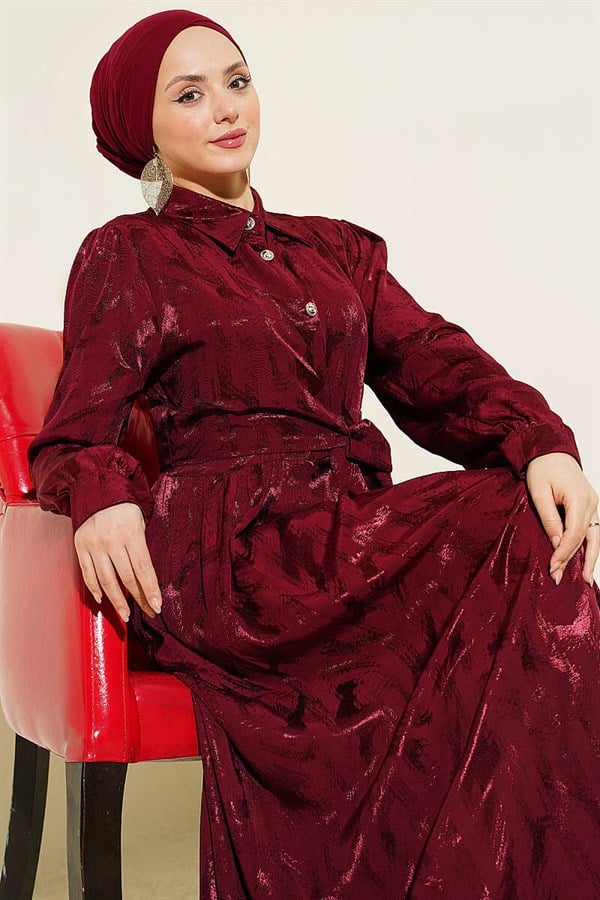 Side-Tie Buttoned Jacquard Dress, Burgundy