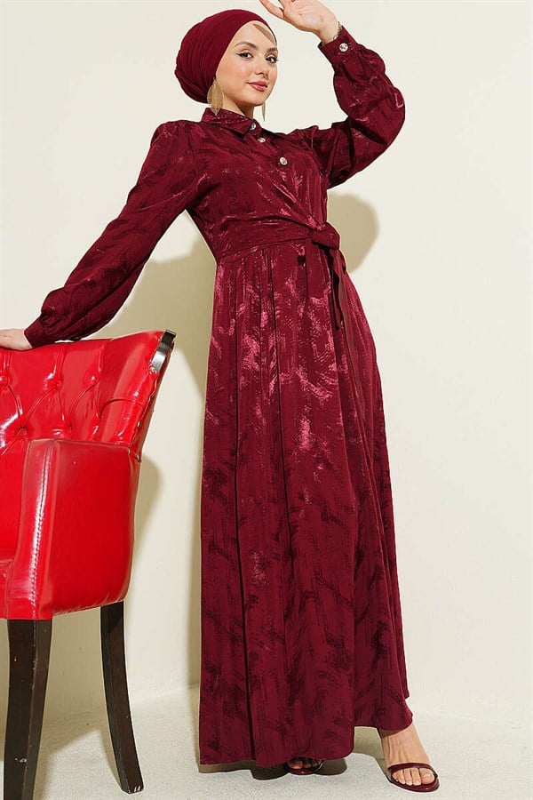 Side-Tie Buttoned Jacquard Dress, Burgundy