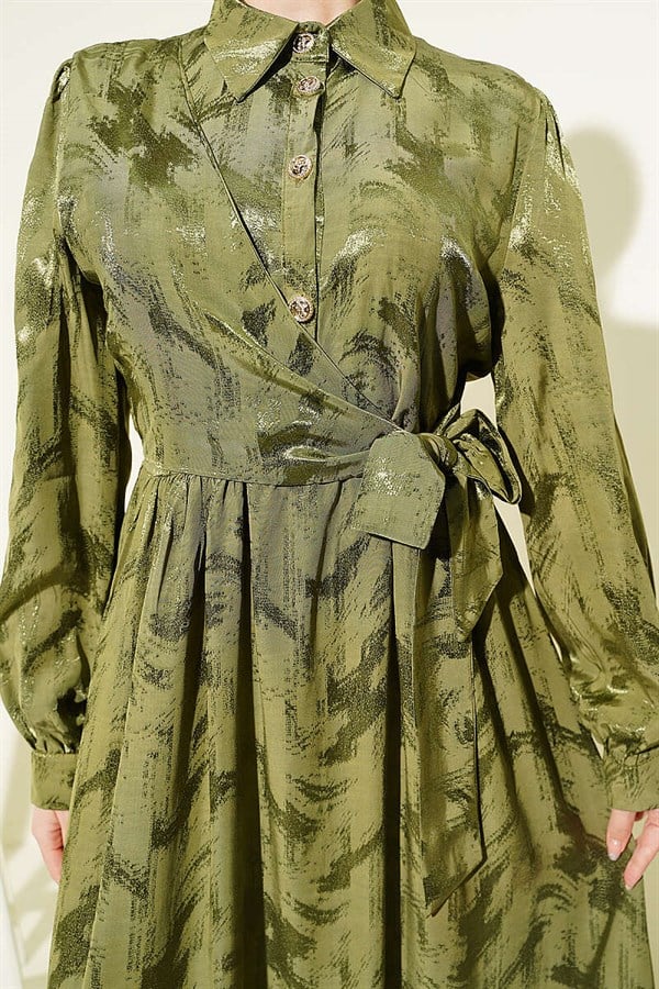Side-Tie Buttoned Jacquard Dress Khaki