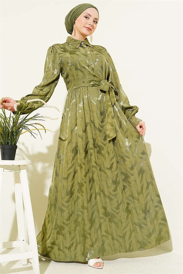 Side-Tie Buttoned Jacquard Dress Khaki