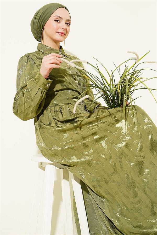 Side-Tie Buttoned Jacquard Dress Khaki