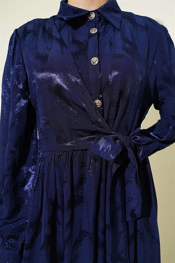 Side-Tie Buttoned Jacquard Dress Navy Blue