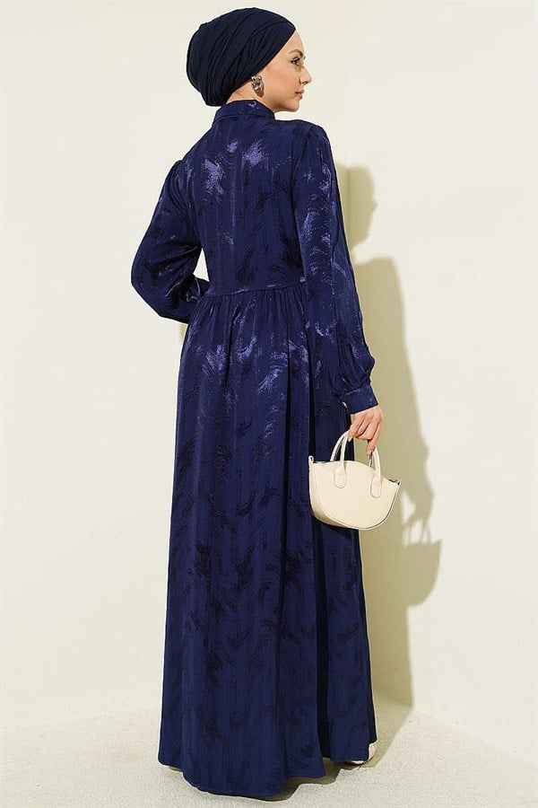 Side-Tie Buttoned Jacquard Dress Navy Blue