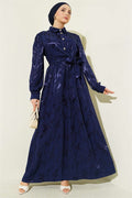 Side-Tie Buttoned Jacquard Dress Navy Blue