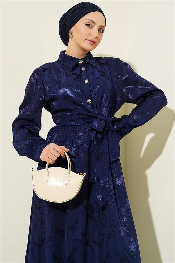Side-Tie Buttoned Jacquard Dress Navy Blue