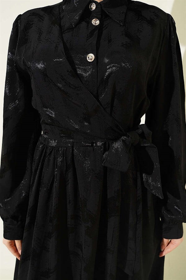 Side-Tie Buttoned Jacquard Dress, Black