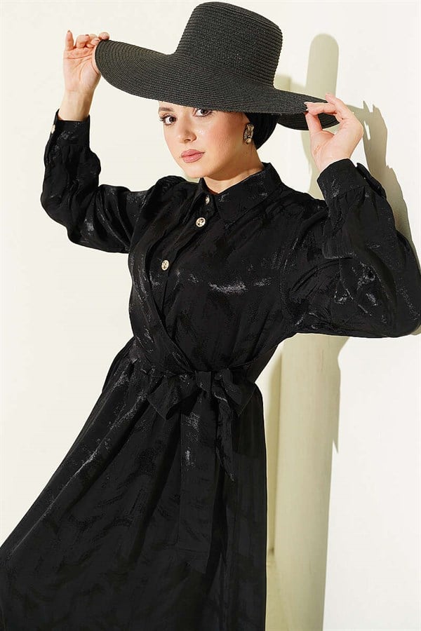 Side-Tie Buttoned Jacquard Dress, Black