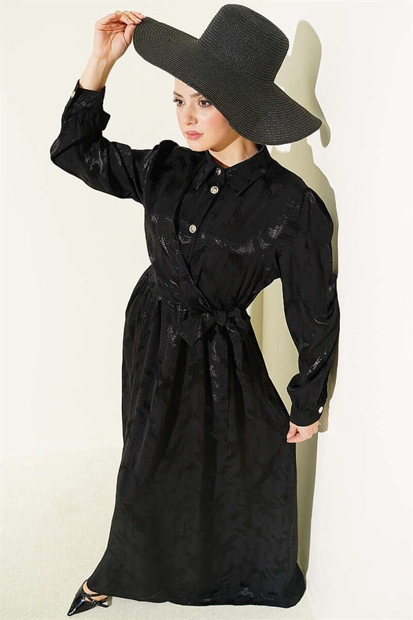 Side-Tie Buttoned Jacquard Dress, Black