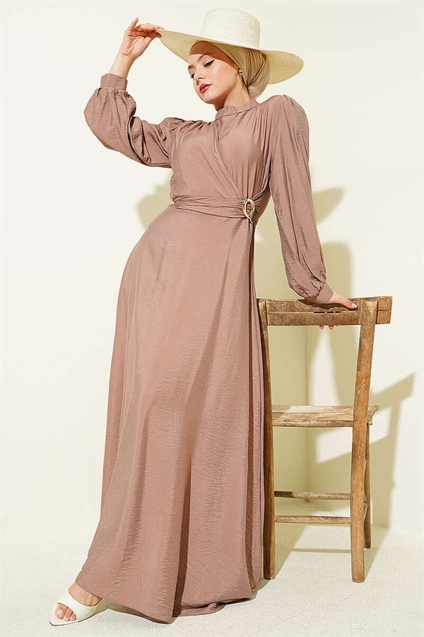 Side-Tie Dress with Gold Accessories, Mink Color
