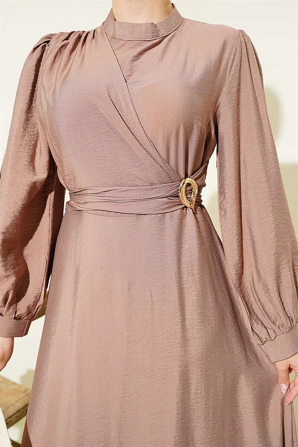 Side-Tie Dress with Gold Accessories, Mink Color