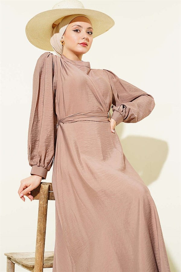 Side-Tie Dress with Gold Accessories, Mink Color