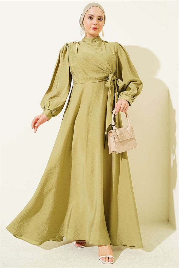 Side-Tie Dress with Gold Accessories, Olive Green