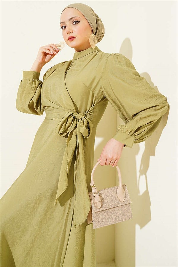 Side-Tie Dress with Gold Accessories, Olive Green